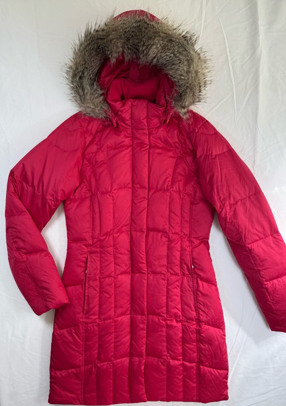 EDDIE BAUER Sz XS 550 Down Mid Length Pink Puffer Parka Fur Trimmed Hood